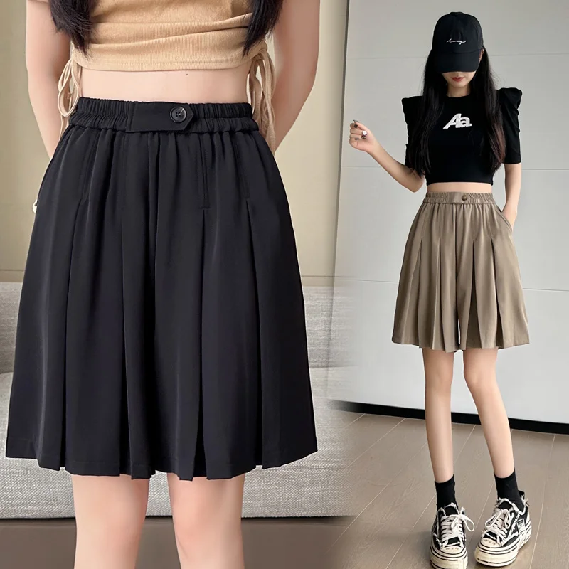 2023 Summer Pleated Skirt Shorts For Women Loose Stretch High Waist Wide Leg Short Pants Femme Folds Streetwear Bermudas Mujer