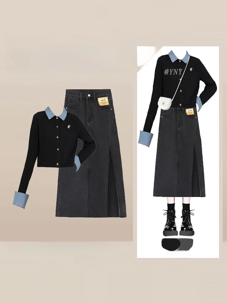 

Sweet Cool Knitted Cardigan And Loose Jeans Skirt Set for Women Autumn Casual Faion Color Colion Sle by gujie