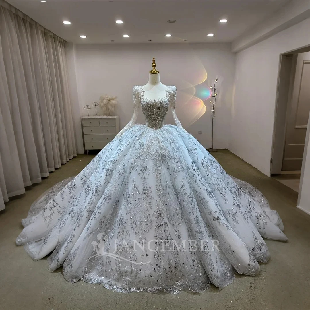 

Customized Ball Gown Glitter Sequined Wedding Dresses Luxury 2025 Back Long Sleeve O-Neck Princess Dress свадебное пл