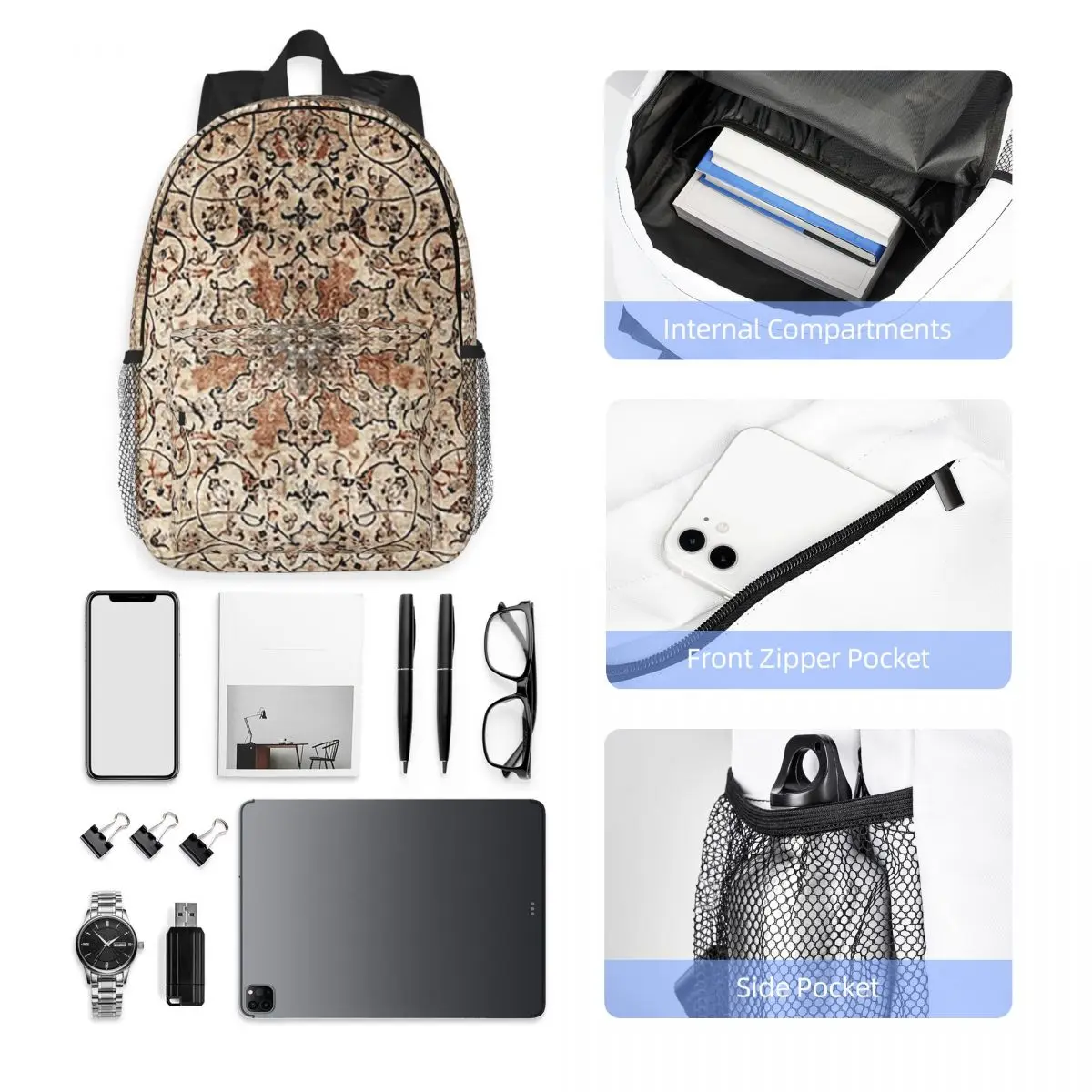 Silk Esfahan Persian Carpet Print Backpack Student Boys Girls BookBag Men Women School Bag Laptop Shoulder Bags