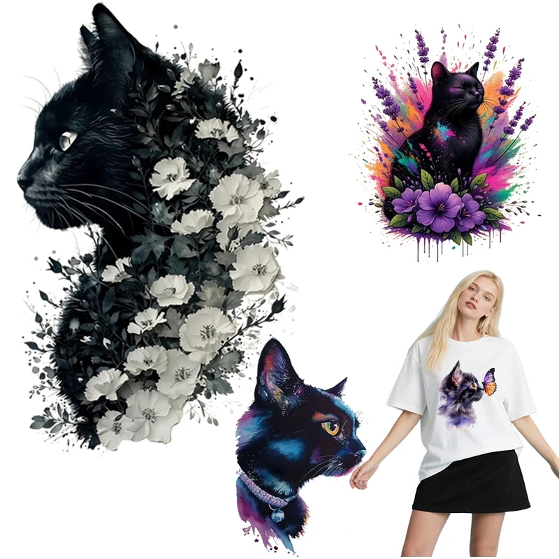 Animal heat transfer printing white ink hot stamping landscape and cat DIY hoodie denim jacket vinyl patch washable