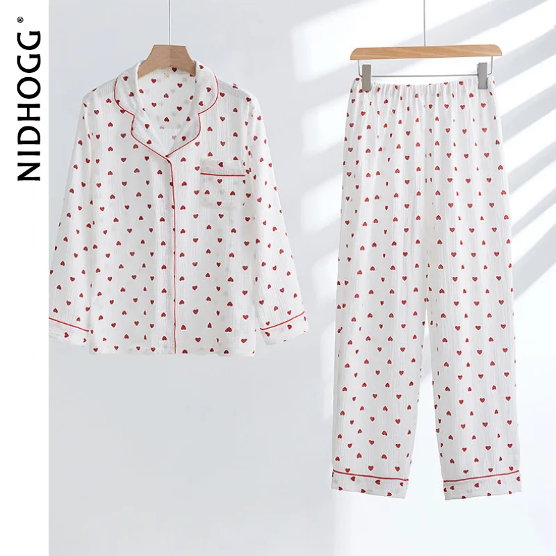 2023 Love Printed Cotton Gauze Women's Pajamas Comfortable Breathable Sweat-absorbent Sleepwear Long Sleeve Trousers Nightwear