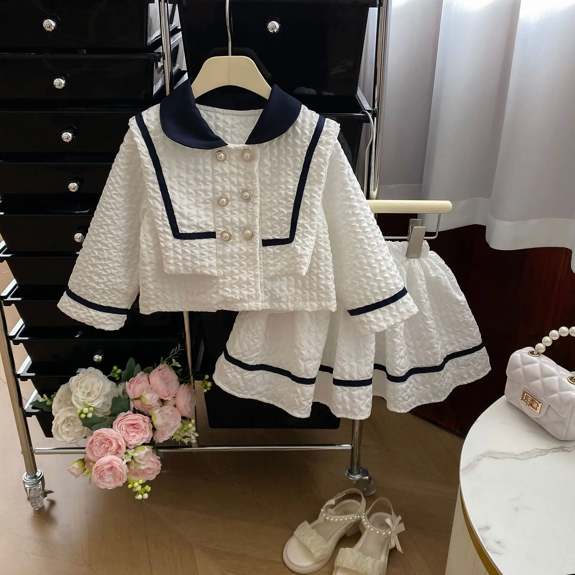 Spring and Autumn New Girl's Set 2025 Girl's Elegant Small Fragrant Style Double breasted Collar Coat Short Skirt Two piece Set