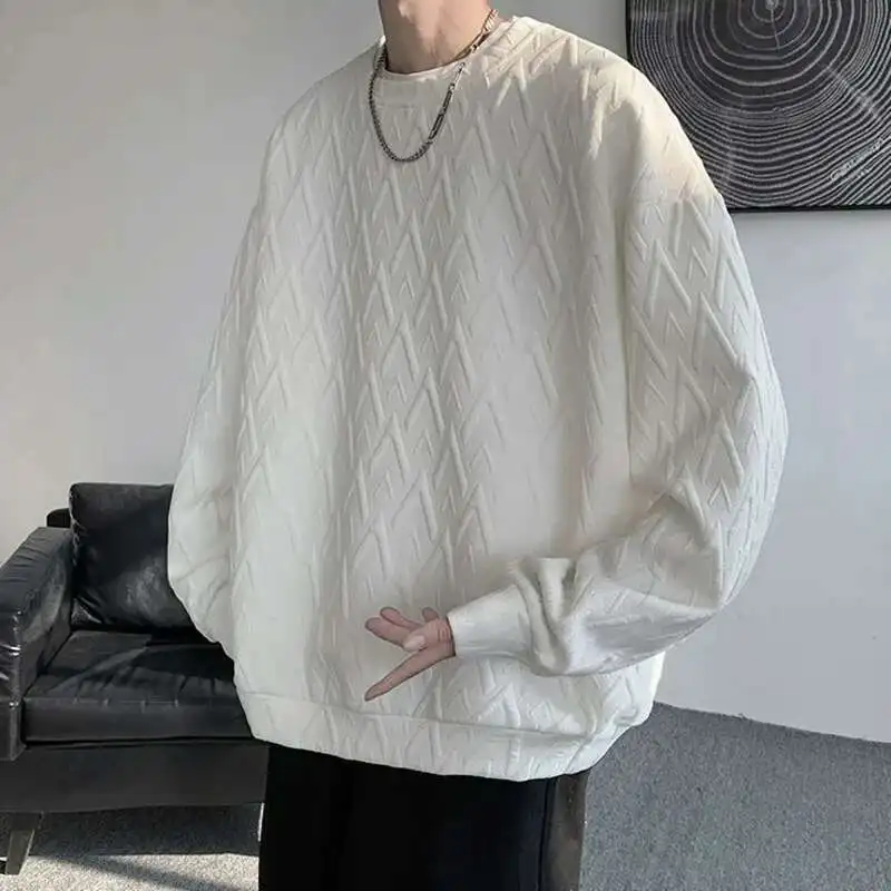 2025 Spring And Autumn Hoodie Men's Embossed Round Neck Hoodie Men's Casual Loose Sweatshirt Daily All-Matching Pullovers