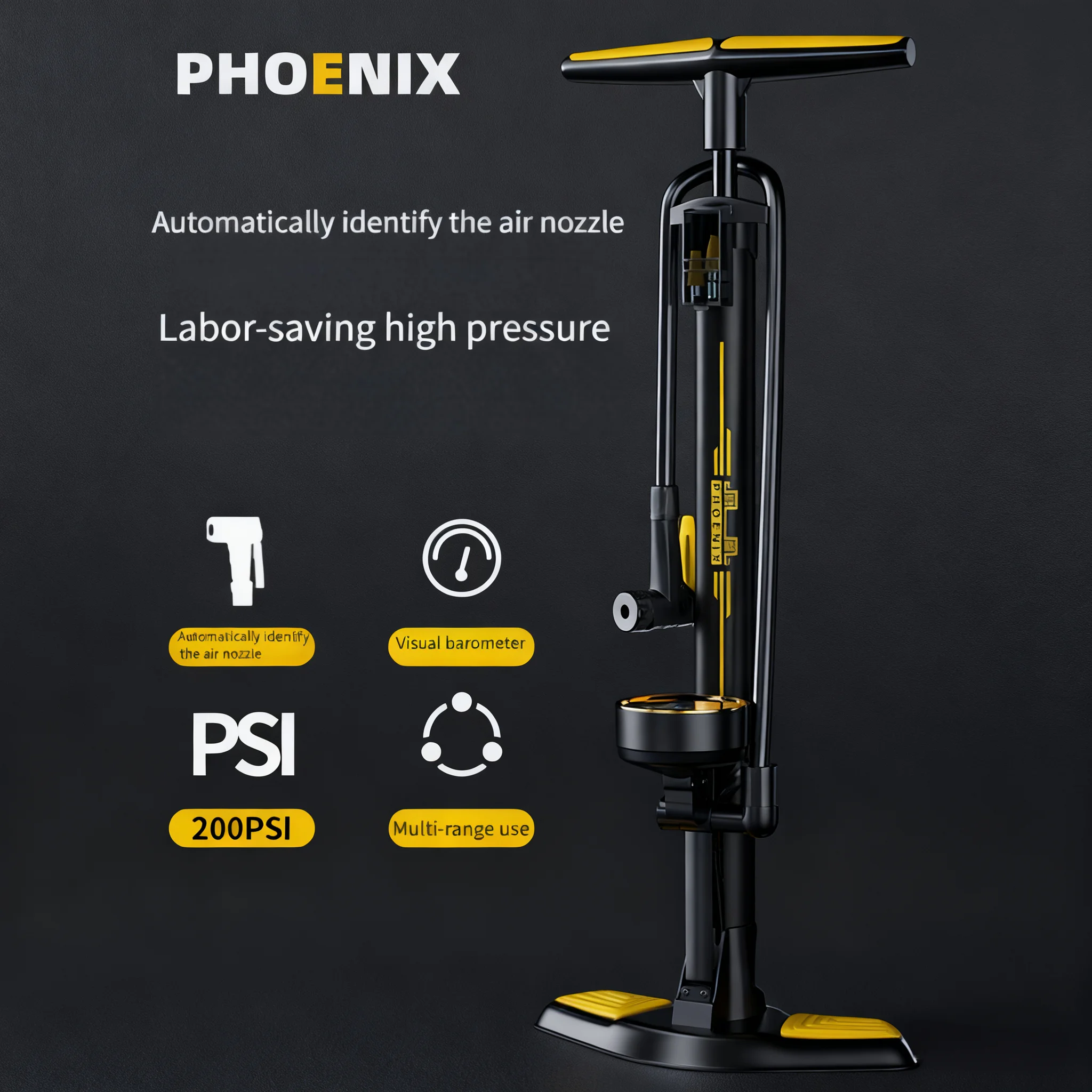 

1pc 200PSI Floor Air Pump w/ Pressure Gauge -Auto Nozzle Recognition, Durable Iron, Ergonomic Grip, Portable for Vehicles, Balls