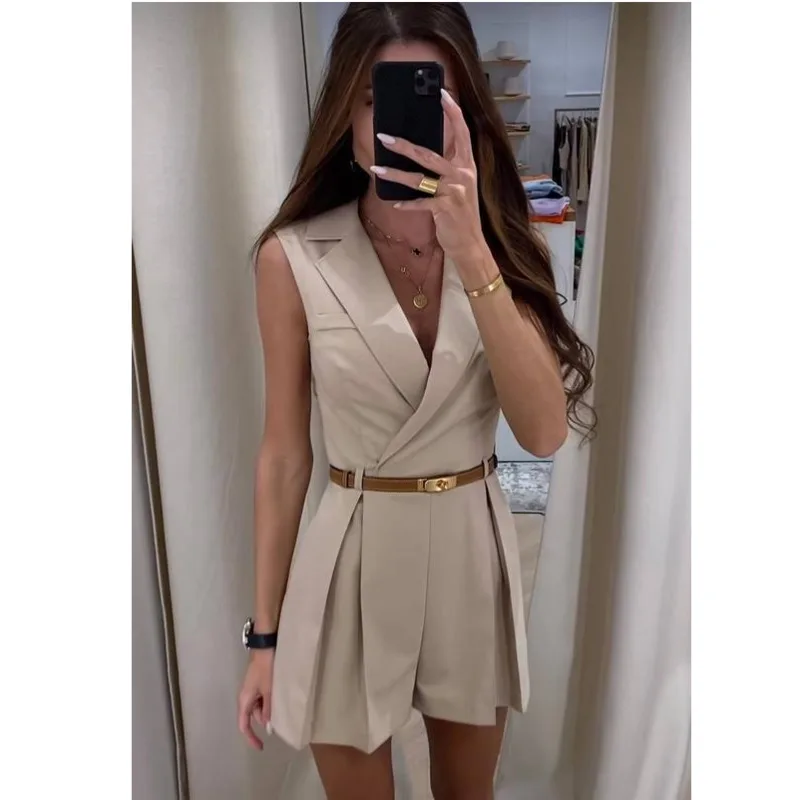 Waistless Sleeveless Women\'s Jumpsuit Summer Fashion V-neck Slim Fit Sexy Solid Color Commuting Street Dress Casual Button Skirt