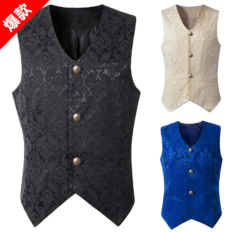 Chaleco negro renacentista Steampunk para hombre, abrigo gótico Jacquard, Chaleco de un solo pecho, vestido Formal de negocios para traje