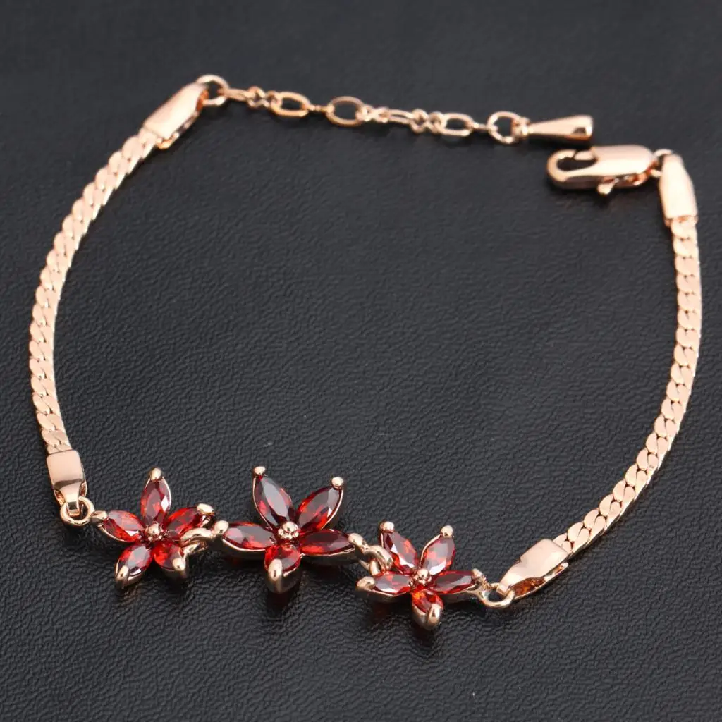 Red Crystal Flower Bracelets for Women Female Rose Gold Color Short Bangle on Hand Fashion Jewelry Dropship Gifts H022