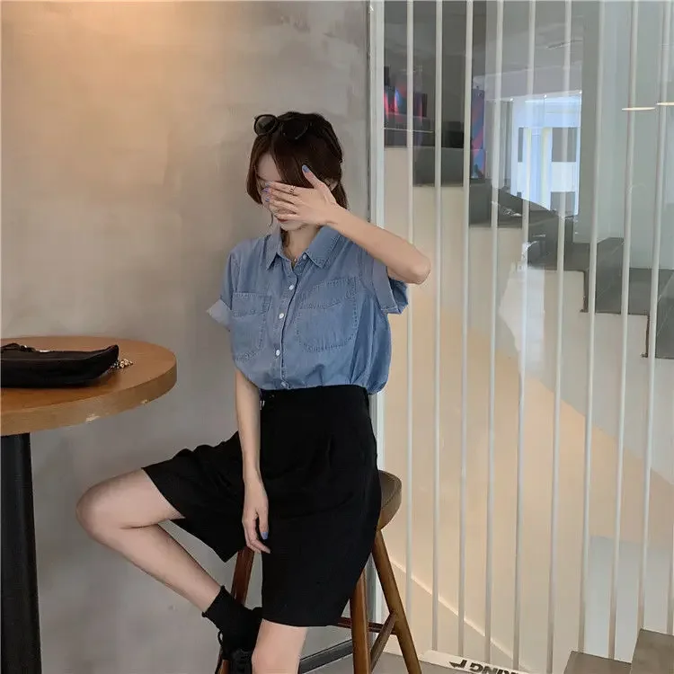 Women Blouse Summer Loose Single Olo Collar Short-Sleeved Denim Shirt Top for Women Blusas Ropa De Mujer