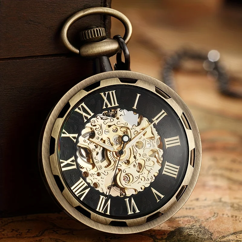 

Vintage Watch Necklace Steampunk Skeleton Mechanical Fob Chain Pocket Watches Roman Number Clock Pendant Hand-winding Men Women