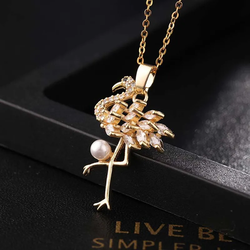 Ketting Vrouwen 18K Vergulde Kleurrijke Zirkoon Kristallen Dier Flamingo Populaire Mode Sieraden Paar Cadeau