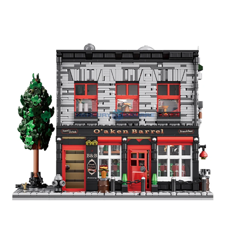 Pub Eichenfass Taverne Gebäudemodellblöcke MOC 66054, Stadtstraßenansicht, modulare Architektur,