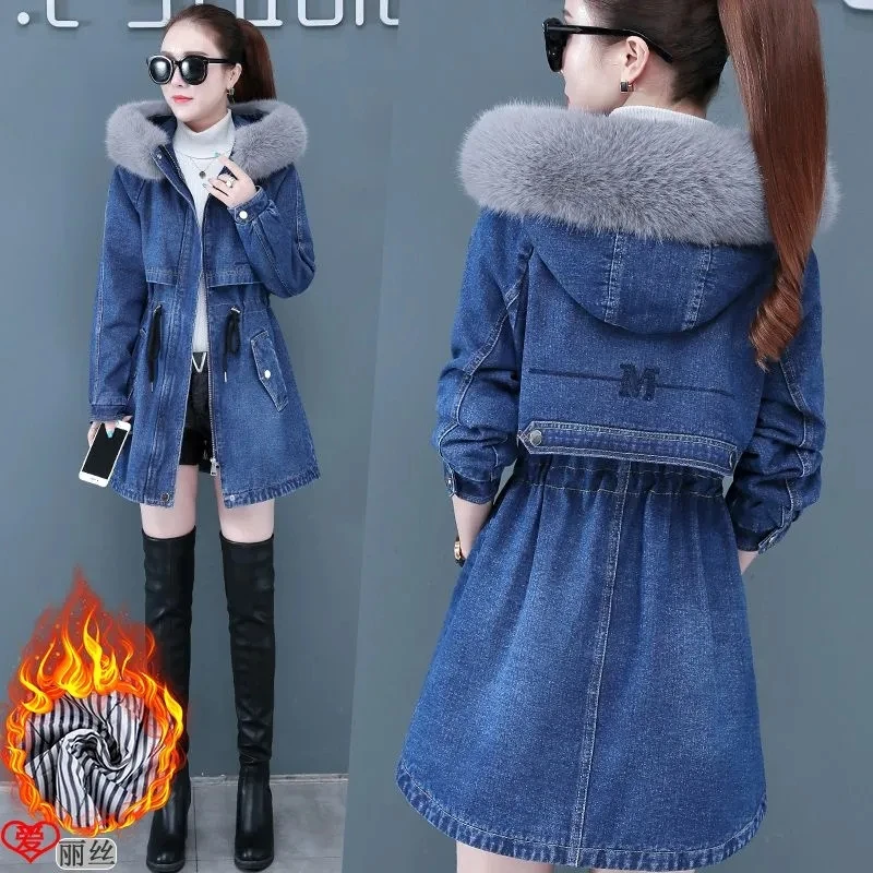 Winter Jackets Plus Cotton Thick Denim Jacket Women\'s 2023 New Warm Parkas Hooded Fur Collar Long Jeans Jacket Female Outerwear