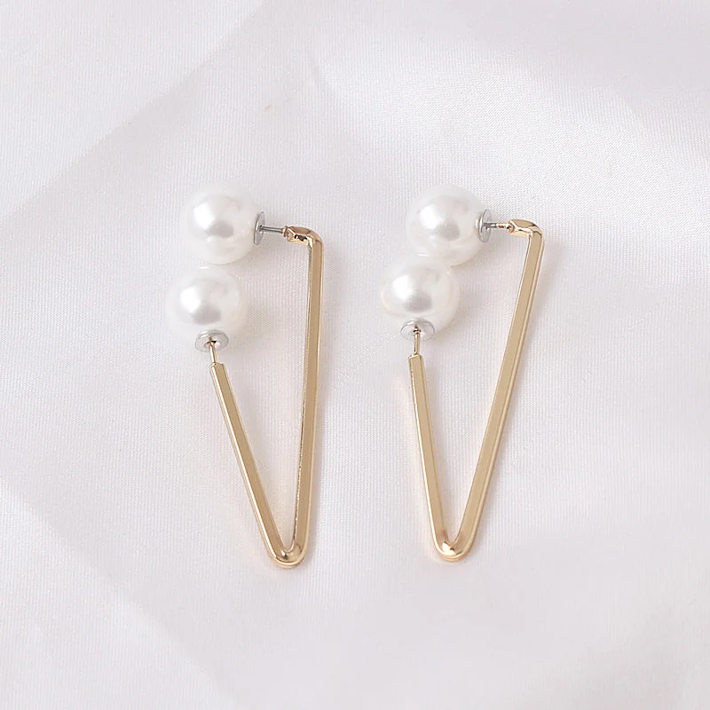 Detachable Imitation Pearl Stud Earrings Gold Color Metal Geometric Side Square Round Women\'s Earrings New Year Gitfs boucles