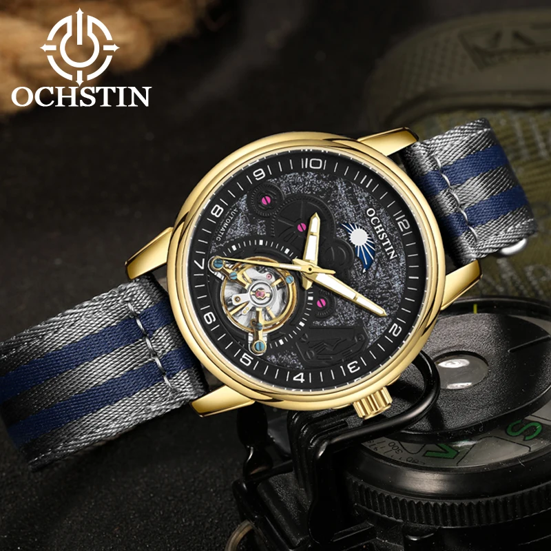 OCHSTIN Echtes Nylon-Armband Neue Uhren Herren Flywheel Mechanisches Uhrwerk Commander-Serie Armbanduhr Wasserdichte Männeruhr