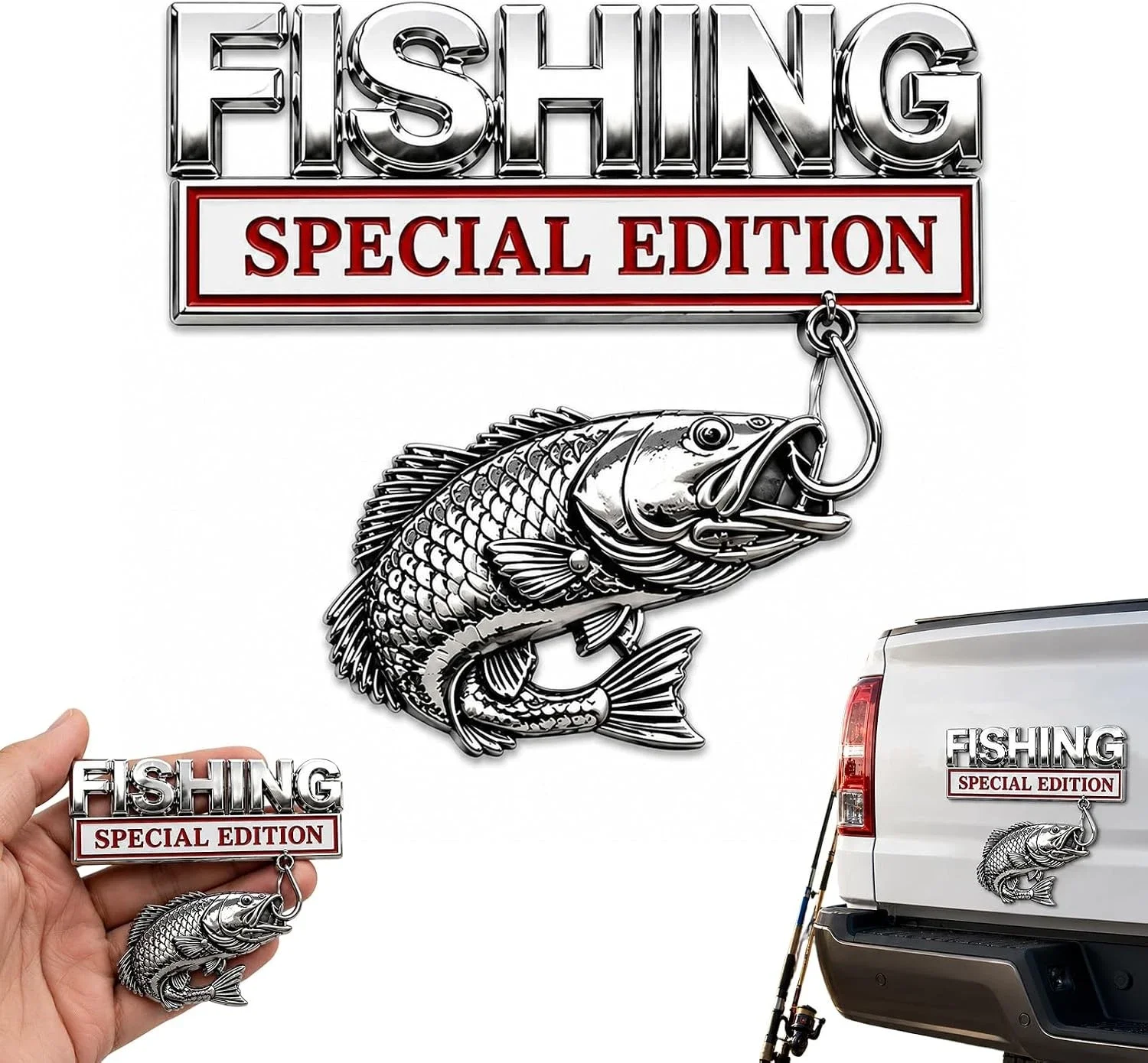 Fishing Special Edition 3D Metal Vehicle Emblem Badge,Chrome Fish Hook Car Decal for Truck SUV Car Boat