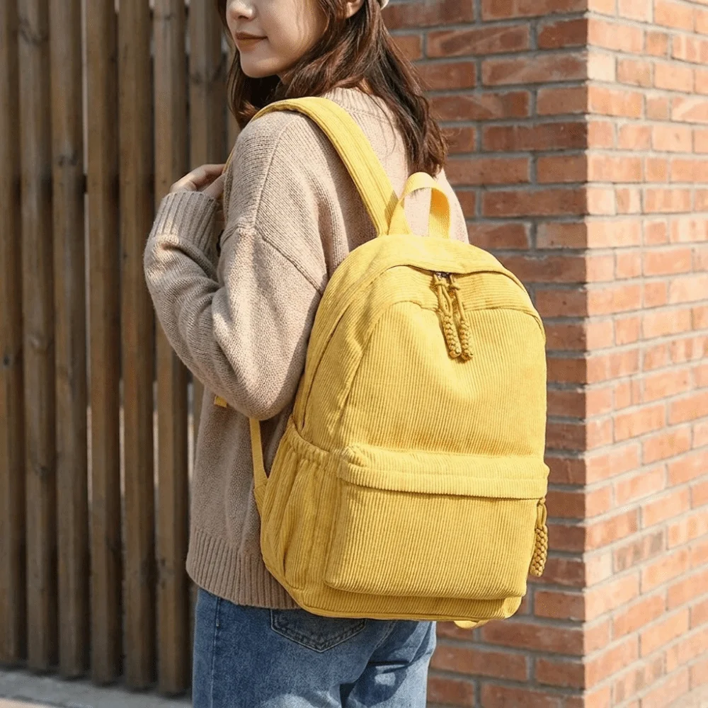 Lightweight Corduroy Backpack Solid Color Japanese Style Students School Bag Large Capacity Portable Students Daypack Women