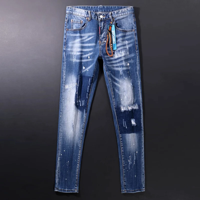 Street Fashion Men Jeans Retro Washed Blue Elastic Stretch Slim Fit Ripped Jeans Men Vintage Designer Denim Pencil Pants Hombre