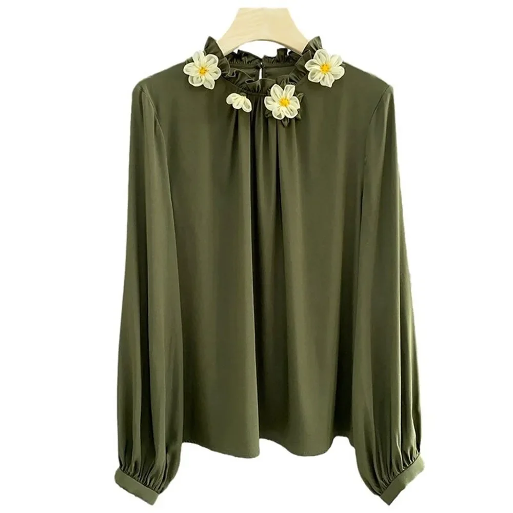 

Summer New 3D Flower Blouse Women Fashion Elegant Green Silk Top Versatile Ruffle Neck Loose Shirt Office Lady
