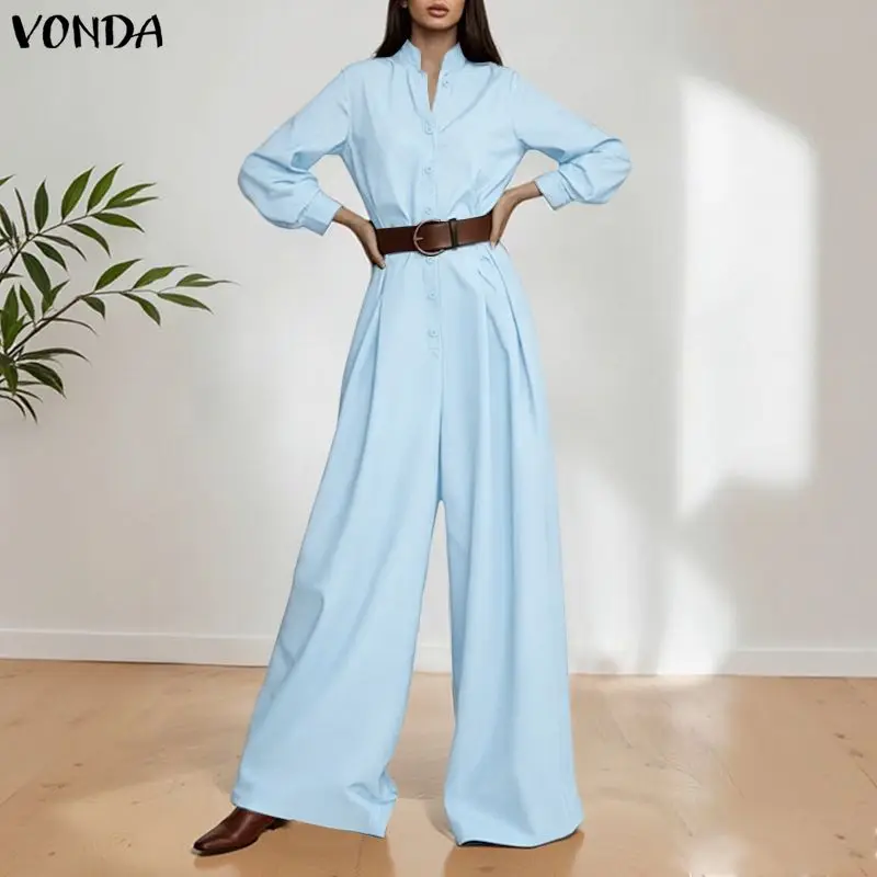 

ZANZEA Летние женские длинные комбинезоны 2026: Модные однотонные ромперы с длинным рукавом, повседневные свободные комбинезоны с воротником-стойкой, уличная одежда для работы