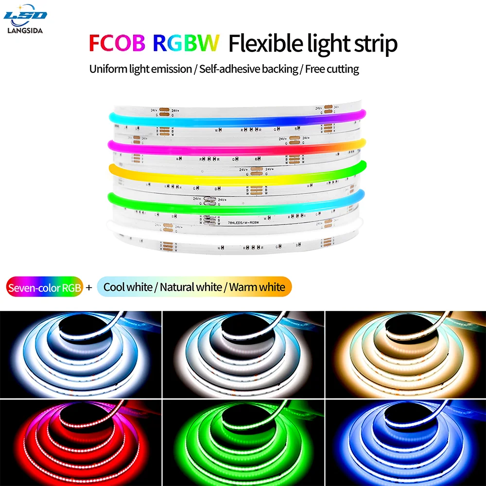 

FCOB RGBW LED Strip, 5-Pin, 12mm Width, DC24V, 784 LEDs, Flexible, High-Density, RA90, Dimmable Linear, 16W