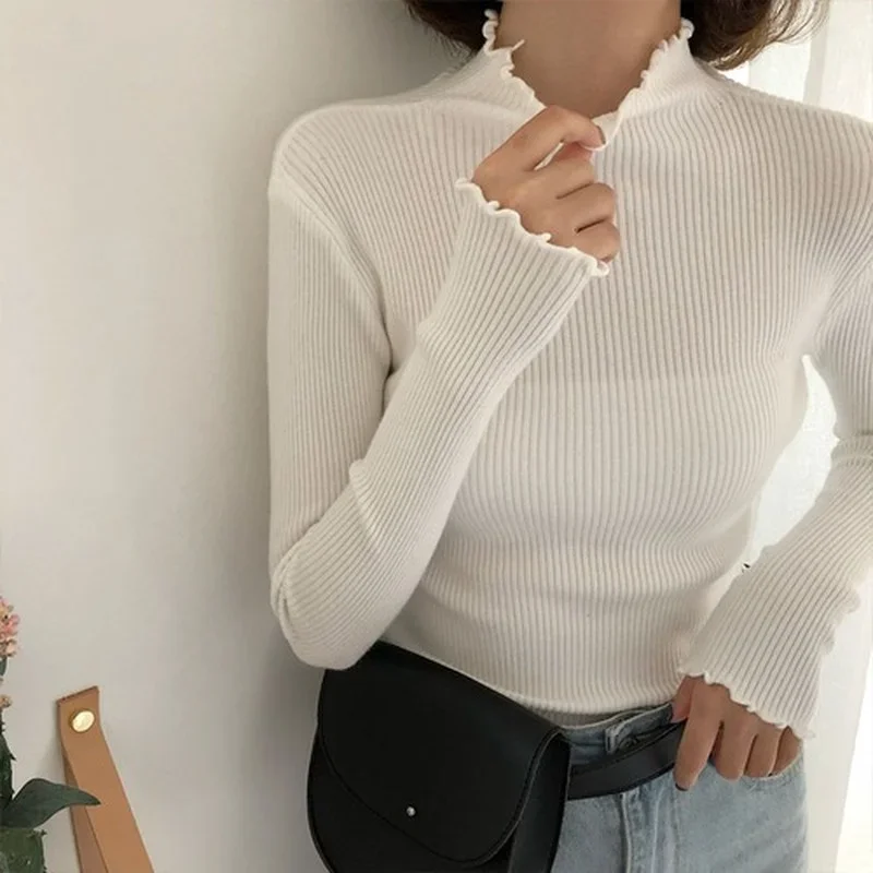 Women's Sweater Turtleneck Ruffled Pleated Winter Sweater High Elasticity Solid Color Self-cultivation Sexy Knitted Pullover