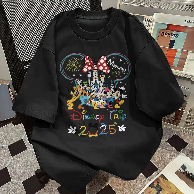 เสื้อยืดครอบครัวสำหรับเด็กและผู้ใหญ่ผู้หญิงสไตล์เกาหลี ผ้าฝ้ายลายมิกกี้และเพื่อนๆ สำหรับฤดูร้อน เสื้อยืดแขนสั้นพิมพ์ลาย