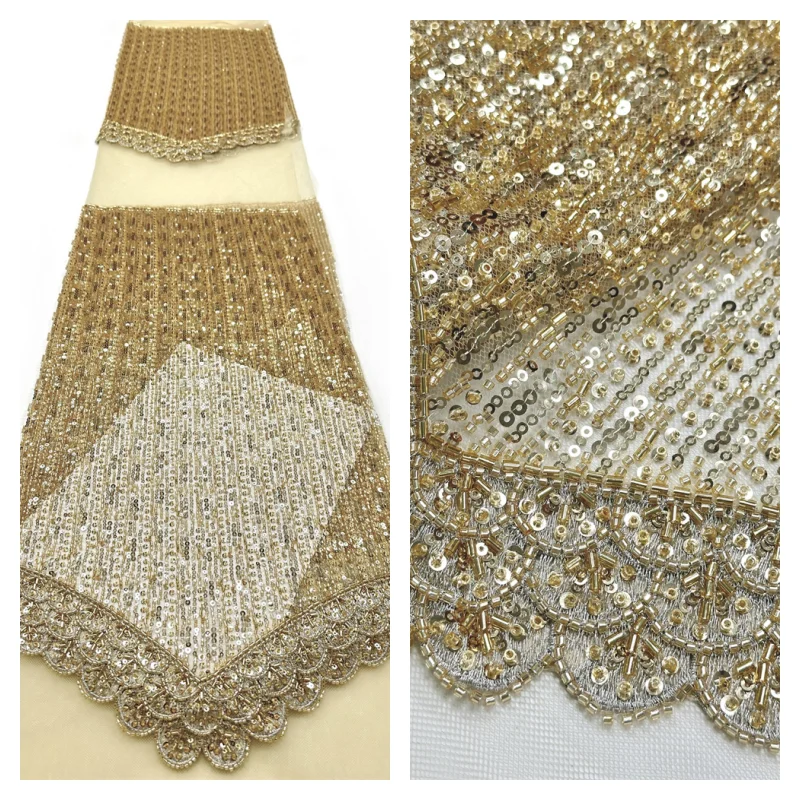 

African Heavy Beaded Lace Fabric Nigerian Sequins Groom Lace Fabric Wedding Party Dress Sewing High Quality 5 Yards