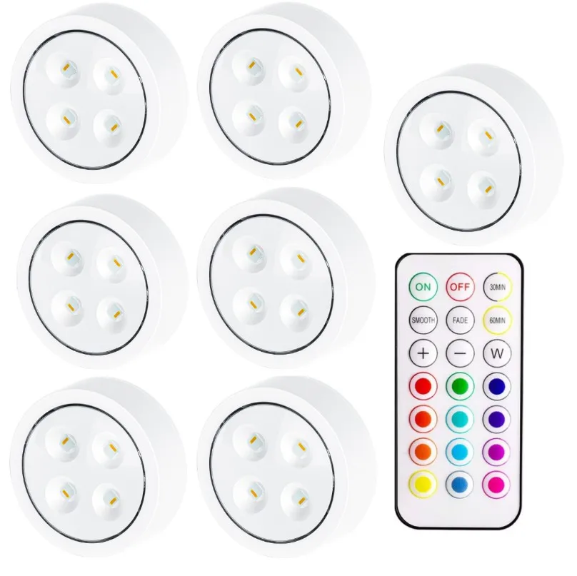 Wireless Under Cabinet LED Lights For Kitchen RGB Color Changing Puck Night Light Remote Control Closet Lamp Battery
