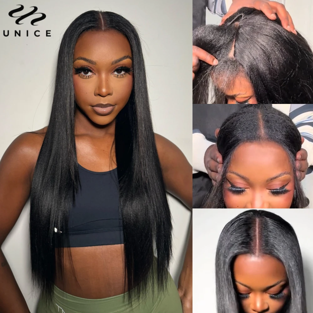 Unice Hair Upgraded Yaki Straight V Part Wig 100% Human Hair With With Elastic Drawstring Fit For Small Cap Size 150% Density