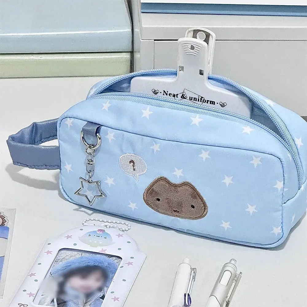 Bolsa para bolígrafos azul multifuncional con diseño de gato y estrella, estuche para lápices de gran capacidad, organizador de papelería portátil de mano, regalo