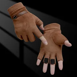 Autumn Winter Suede Half-finger Gloves Warm Plus Velvet Thick Gloves Sports Tactical Gloves Driving Riding Gloves Men Women