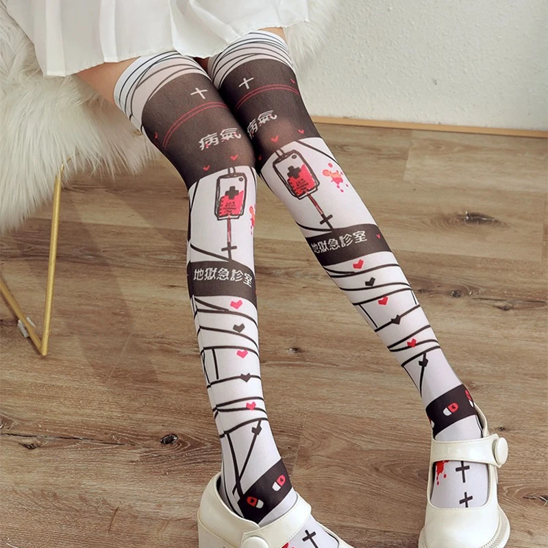Japanese Cartoon Lolita Sweet Velvet Printed Kawaii Stockings Women Cute Stockings White High Over Knee Socks Cosplay for Anime