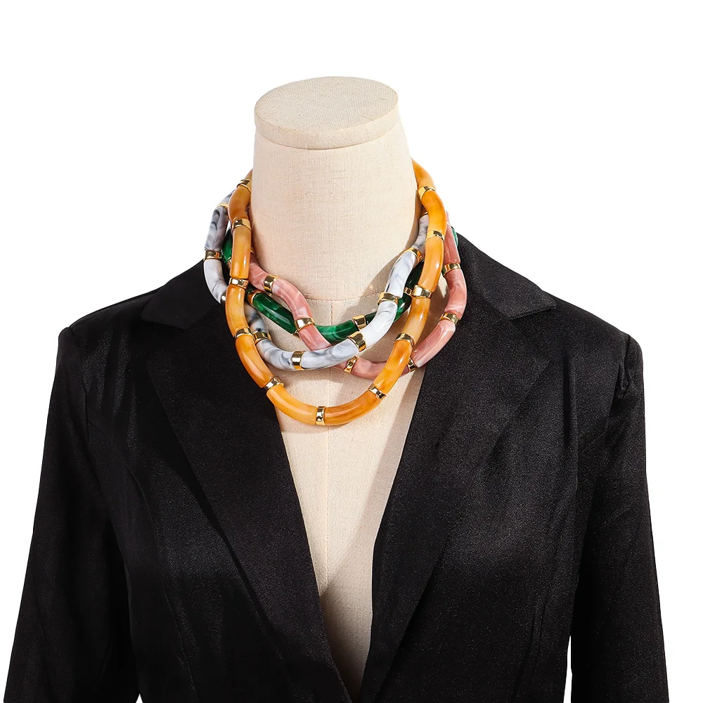New Colorful Acrylic Big Bamboo Tube Bracelet Necklace for Women Men Vintage Stackable Choker Statement Jewelry Set Gifts