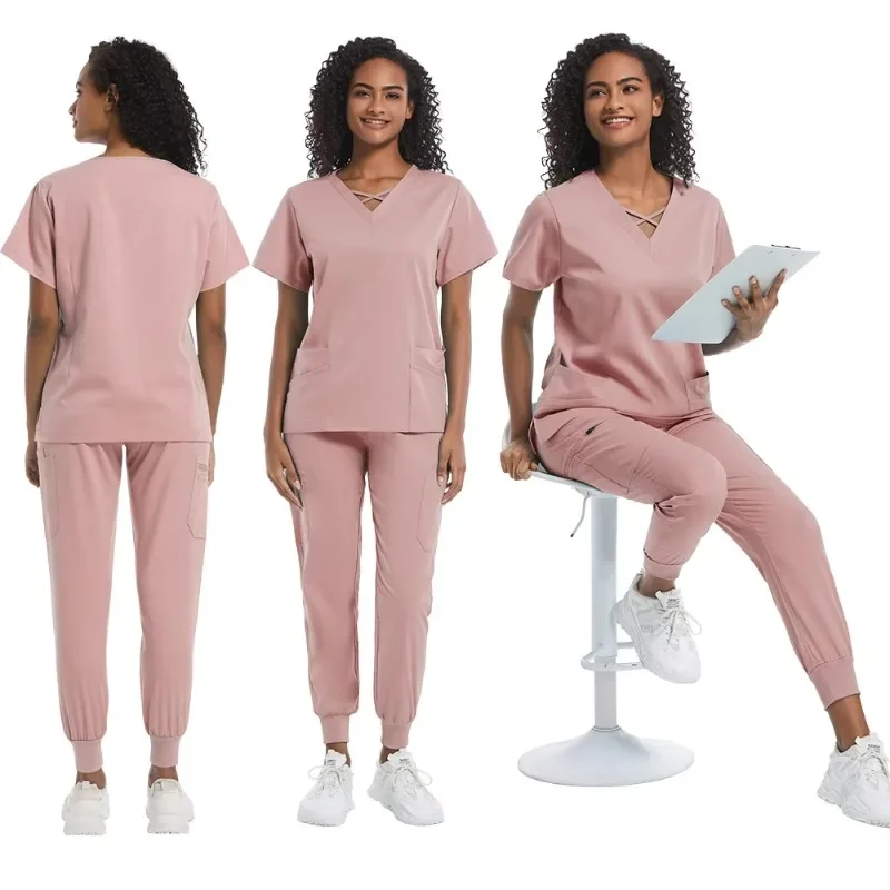 New High Quality Medical Uniform Tops Jogging Pants Short Sleeves Hospital Doctors Nurses Spa Beauty Salon V-Neck Scrub Suit