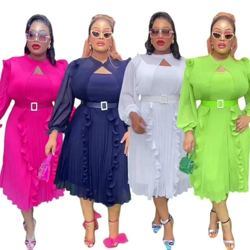 Maßgeschneiderte Frauen Chiffon Kirche Event Kleid Lange Ärmel Rüschen Plissee Mit Taille Gürtel Elegante Afrikanische Weibliche Formale Feiern