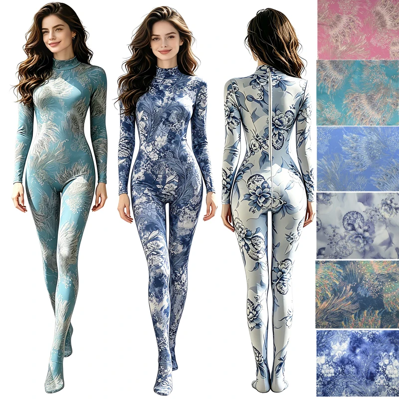 Casual Stand Collar Zentai Women Long Sleeve 4 Way Stretch Elastic Bodysuit Gold Trim Ice Silk Breathable Cosplay Stage YogaWear