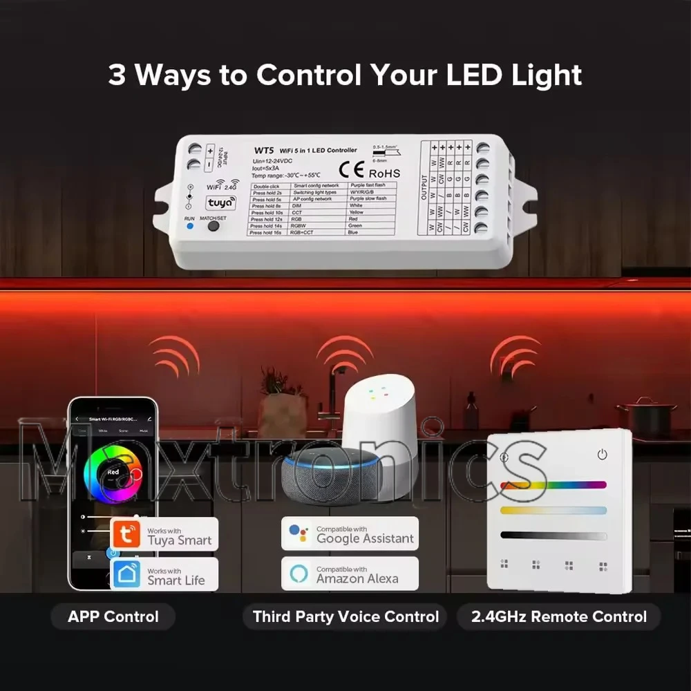 WT5 5in1 Tuya Wifi LED Controller 4 Scene 4 Zone Touch Panel RF 2.4G Remote Alexa Google for  RGBCCT LED Strip Light Controler