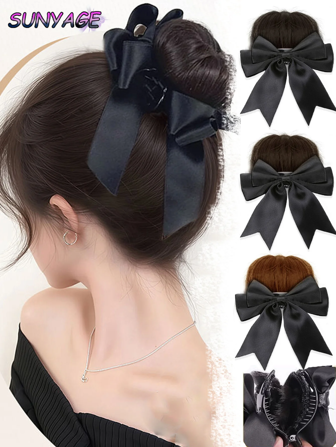 

SUNYAGE Maruko Head Wig Grip Clip Female Natural Simulation Bow Flower Bud Curl Hair Fluffy Synthetic Wig Package