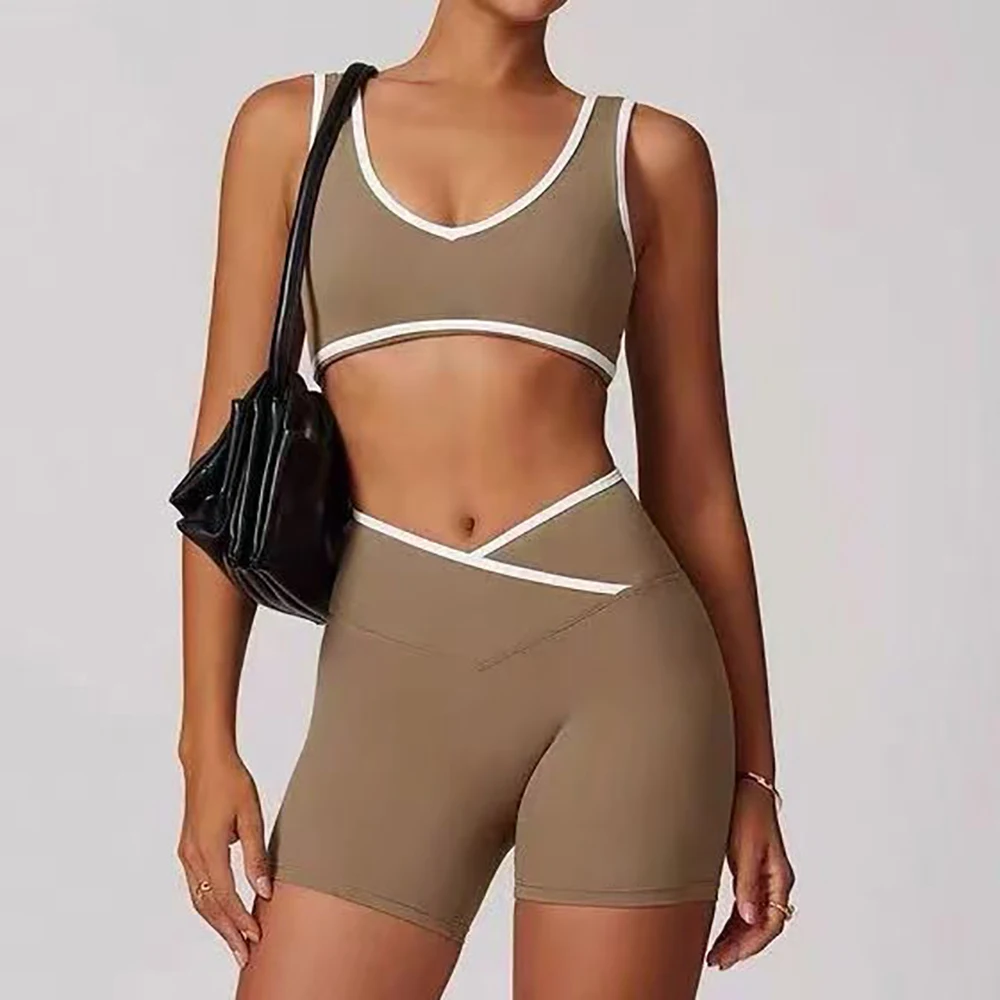 طقم يوجا نسائي عالي الخصر بظهر متقاطع وكتلة ألوان للجري واللياقة البدنية وإحساس ضيق ملابس رياضية بدون كم للارتداء النشط