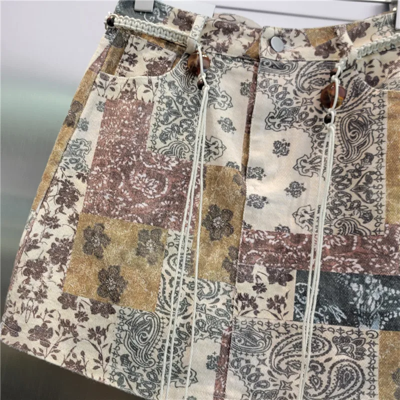 Estilo étnico casual retro flor impressão saia longa para as mulheres verão 2025 moda cintura alta emagrecimento a linha saia curta com cinto