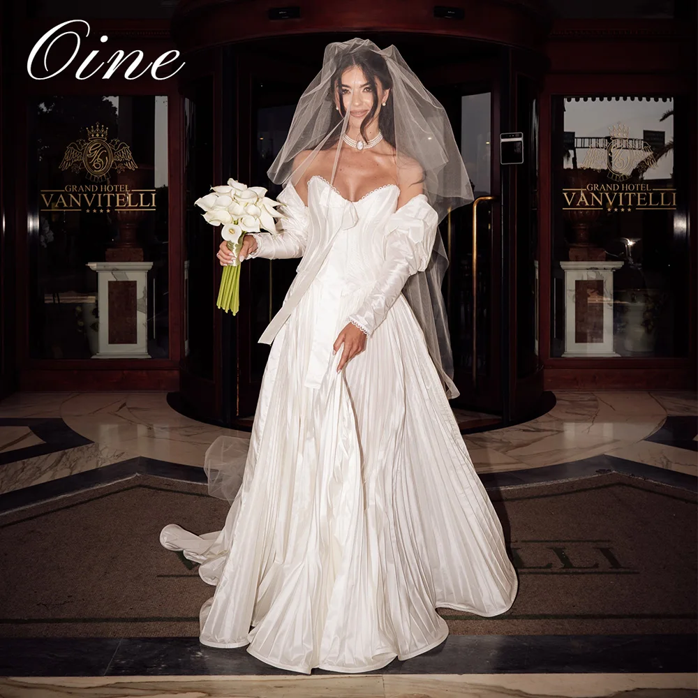 Oine Customized Off White V-Neck Wedding Dresses with Long Sleeve Elegant Satin A-line Pleat Bridal Gown свадебное платье 2026