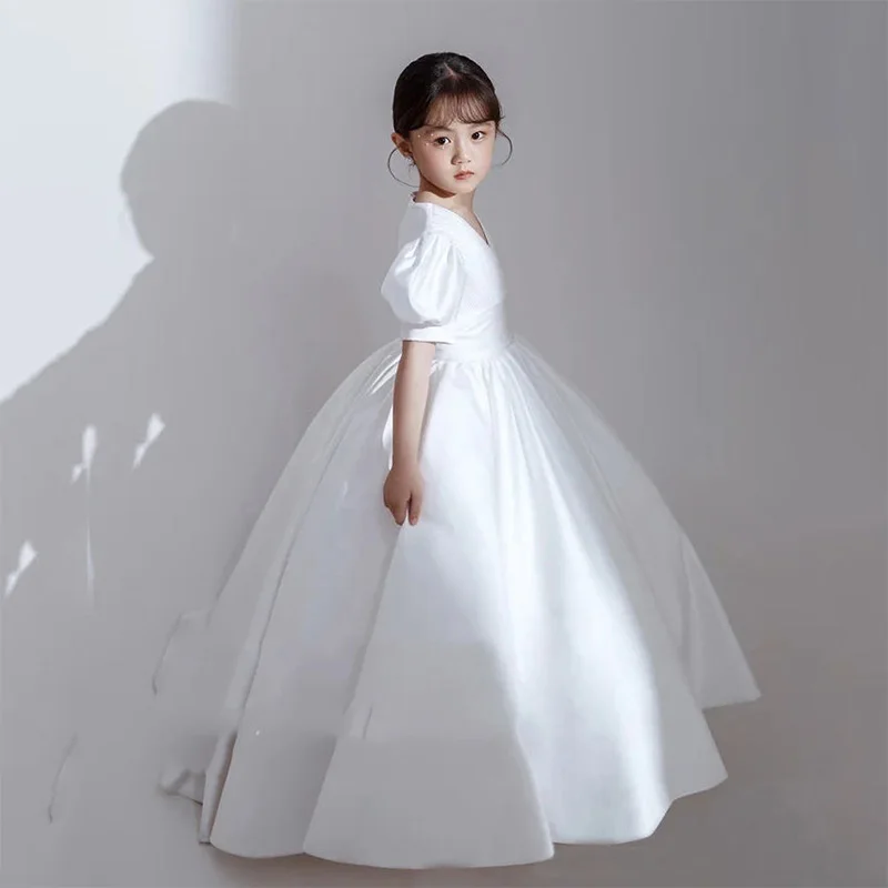 Robe longue à manches courtes pour enfants, col en V, nœud patchwork blanc, vêtements d'été pour filles, fête d'anniversaire, mode princesse, 3 à 8 ans