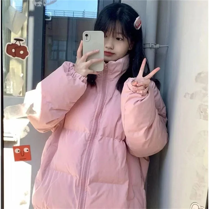 Down Cotton Coat for Women 2023 New Thickened College Style Standing Collar Pink Loose Versatile Student Cotton Coat Trend P20