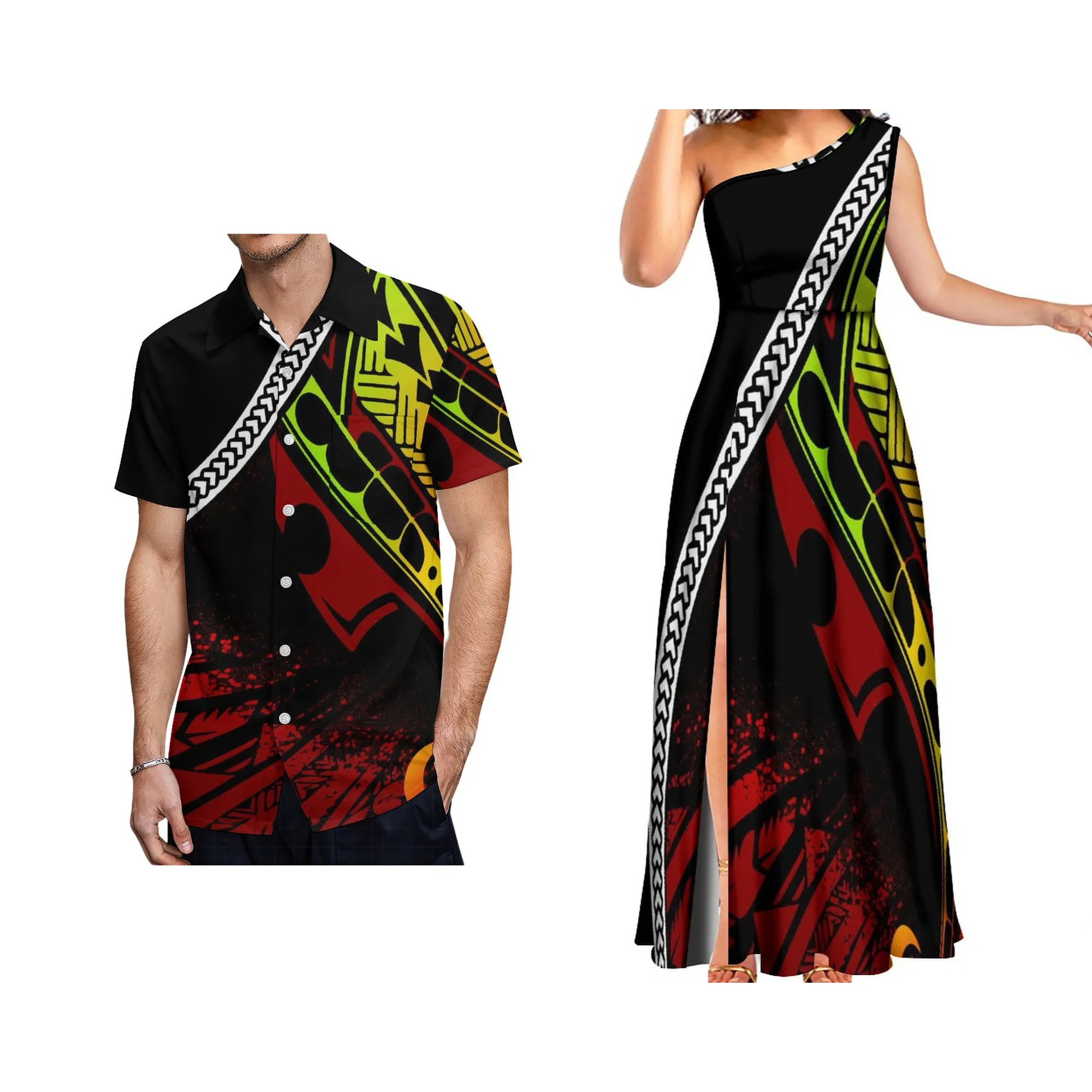 สไตล์ใหม่ที่กําหนดเอง Polynesian Tonga Tribal Island ชุดหนึ่งไหล่แขนกุดแยกยาว Maxi ชุดราตรี