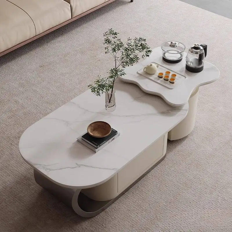 طاولات قهوة بيج بتصميم كلاسيكي، تخزين مخفي، طاولة قهوة بتصميم ياباني، أثاث منزلي حديث باللون الأبيض ميسا دي سنترو سالا