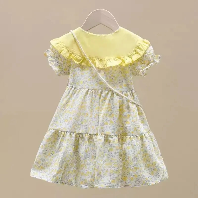 Baby Girls Dress Kids Summer Cute Flowers Dress+Inclined Shoulder Bag 1-8 Years Old Children Fashion Doll Collar Princess Dress image 2