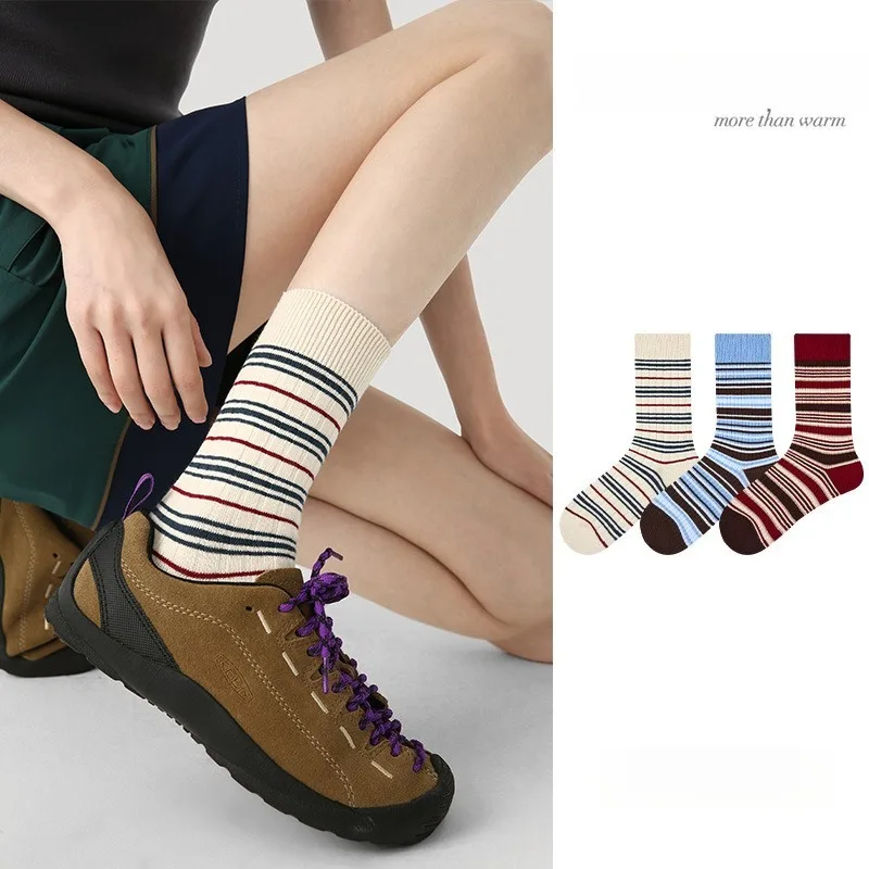 3 Pairs Women's Autumn Winter Cotton Striped Mid-Calf Grip Socks Fashion Ankle Socks Set Casual Loose Socks High Quality Hosiery