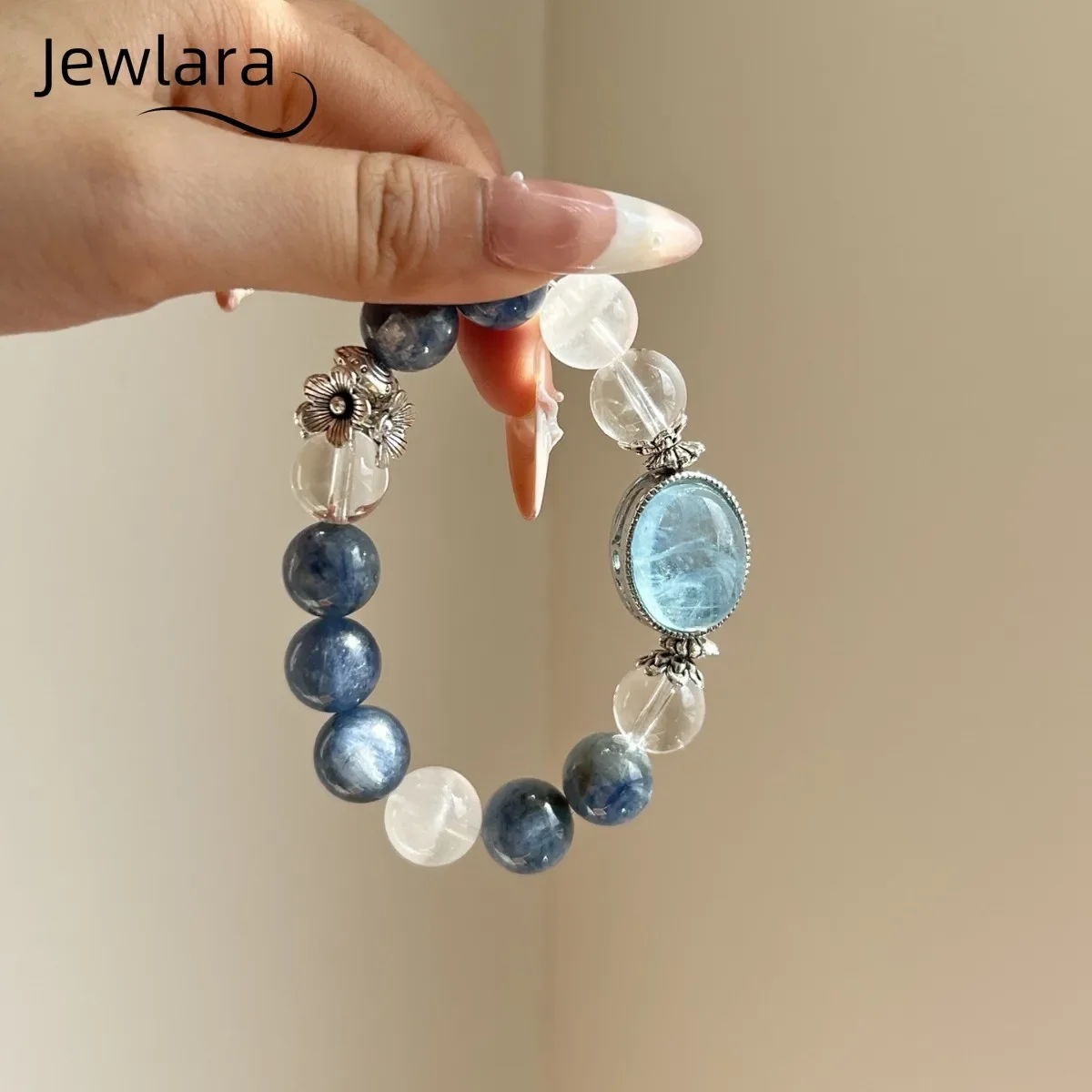 JEWLARA Jewelry Bracelets Natural Crystal, Beaded, Aquamarine, Blue and White Crystals, White Ghost, Granules, Citrine
