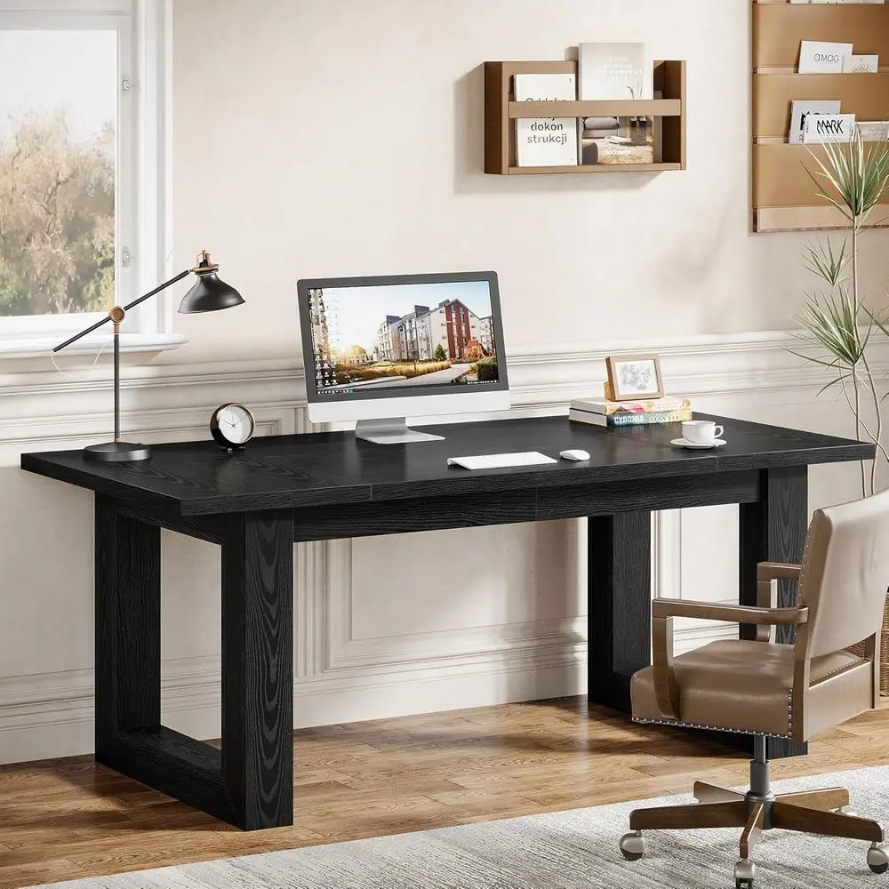 Large 63 Solid Wood Executive Office Desk, Spacious Computer Table for Home or Work, Black
